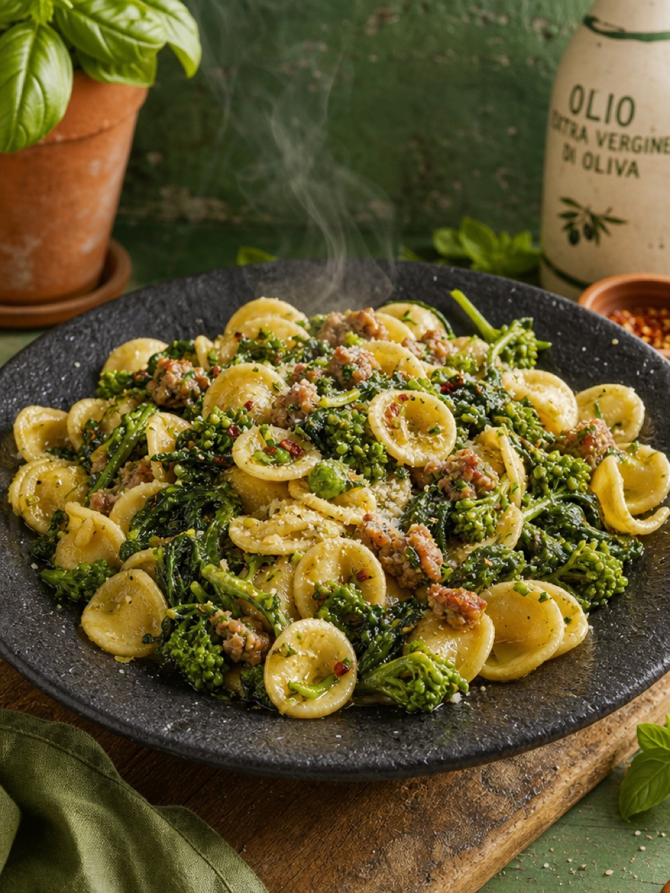 Plato de orecchiette recién hechas con aceite de oliva