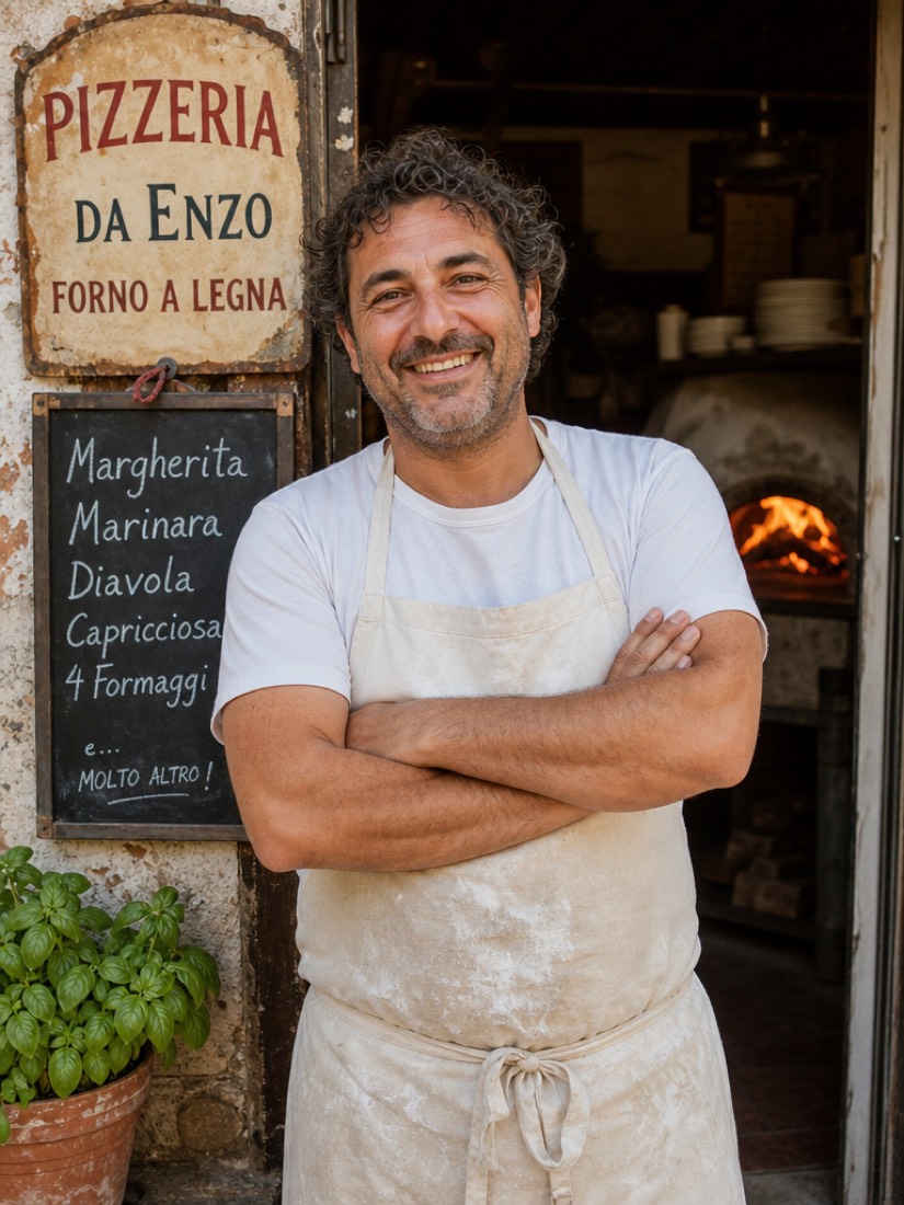 El dueño en la puerta de la pizzería